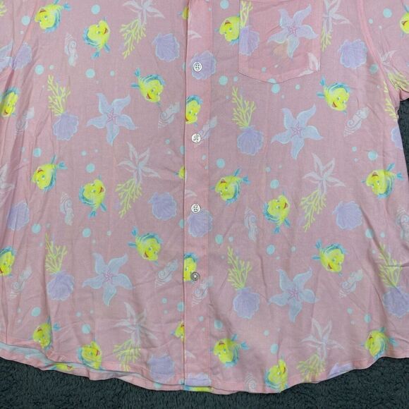 Disney Button Down Mens L Pink The Little Mermaid Flounder Camp Shirt Rayon NEW - Picture 3 of 9